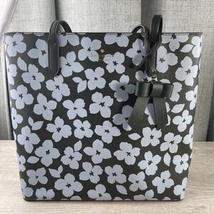 Kate Spade New York Blooms Bucket Tote Dark Green & Light Blue W/ Bow, Excellent